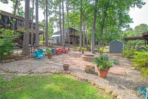 a garden view with a seating space