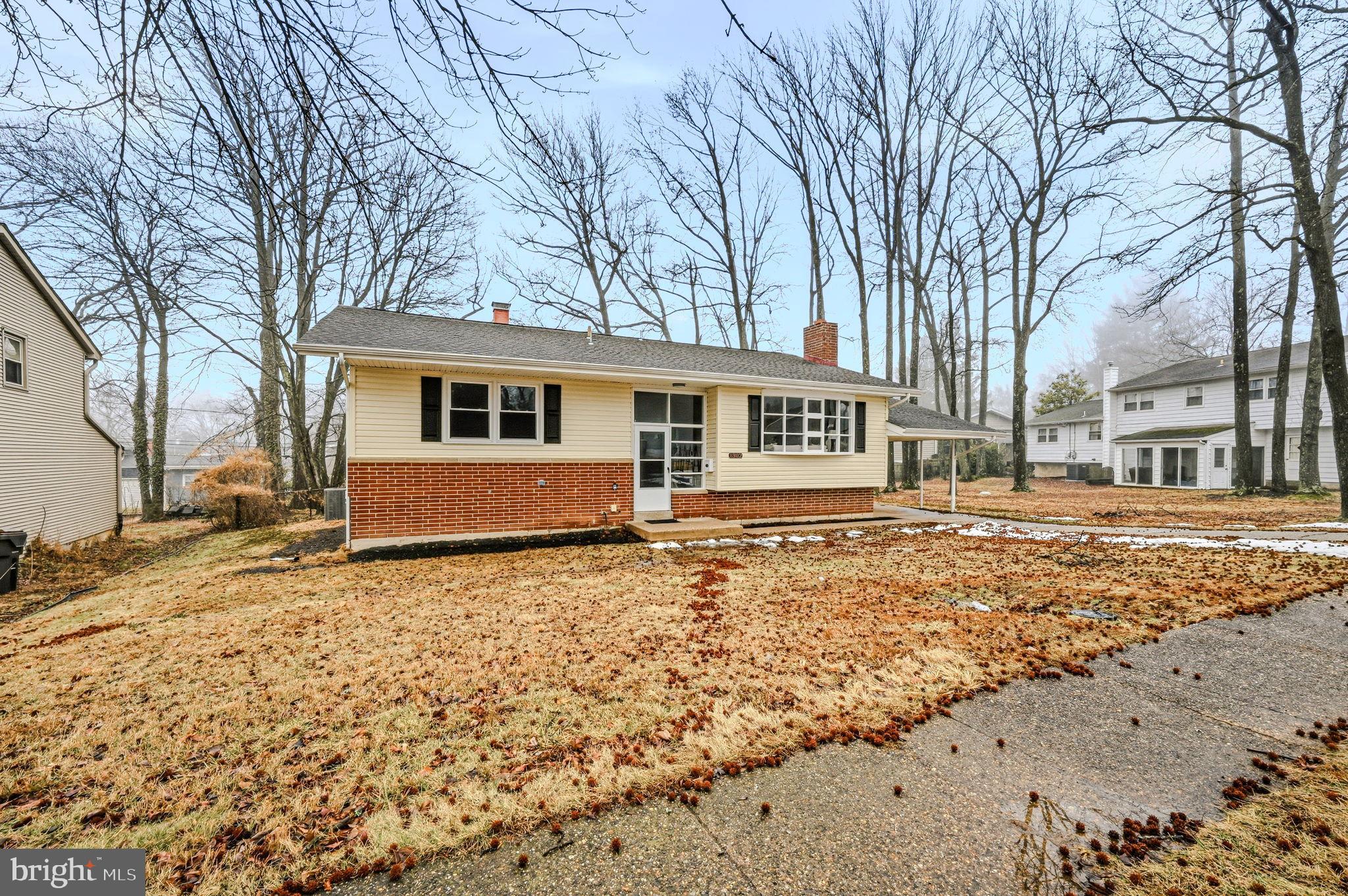 Charming home nestled among tall trees.