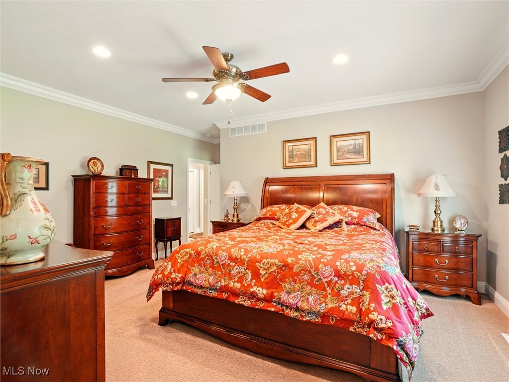 4440 Rutledge Avenue Ashtabula, OH 44004 - Photo 26 of 50 Bedroom with carpet, ornamental molding, recessed lighting, and a ceiling fan