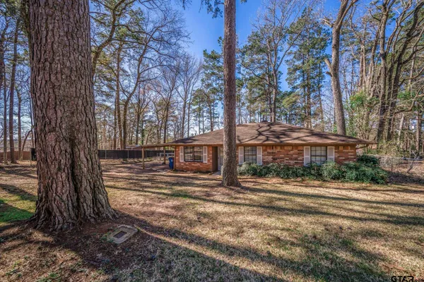 a view of a yard and large trees