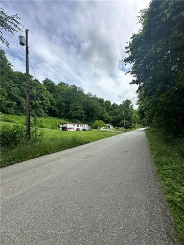a view of a street both side of grassy field with shrub