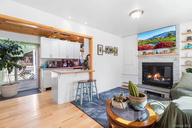 a living room with furniture a fireplace a rug and a window