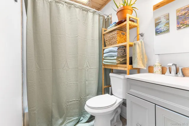 a bathroom with a sink a toilet and shower curtain