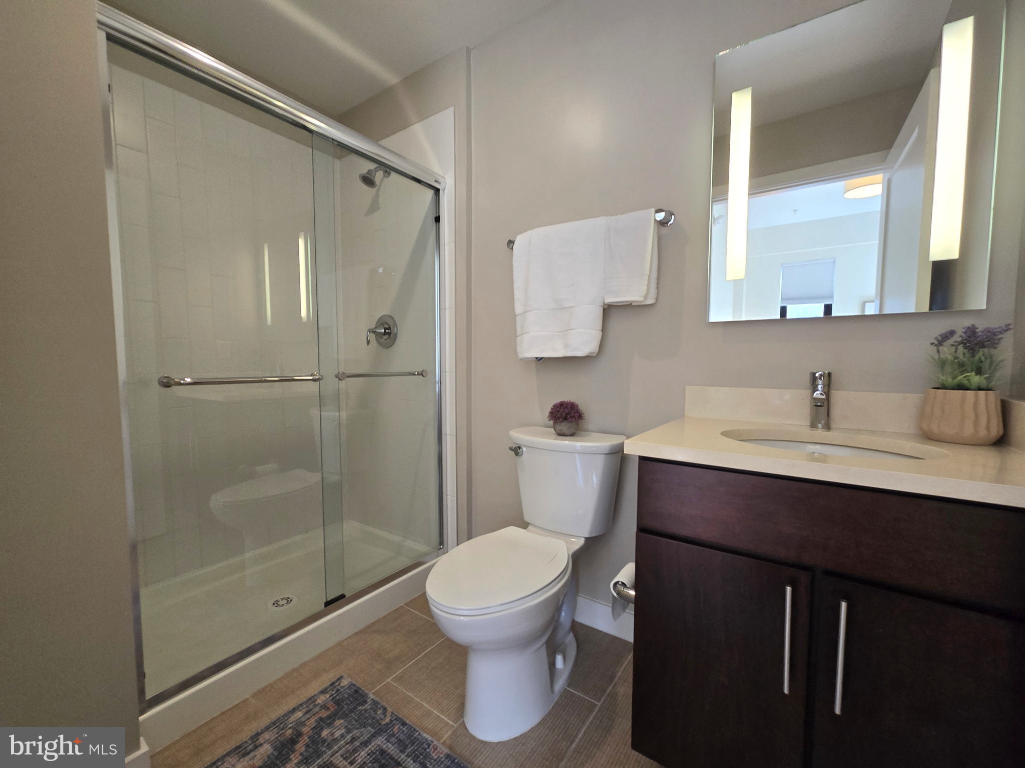 1320 Fenwick Lane, Unit 508 Silver Spring, MD 20910 - Photo 18 of 47 a bathroom with a sink toilet a mirror and shower