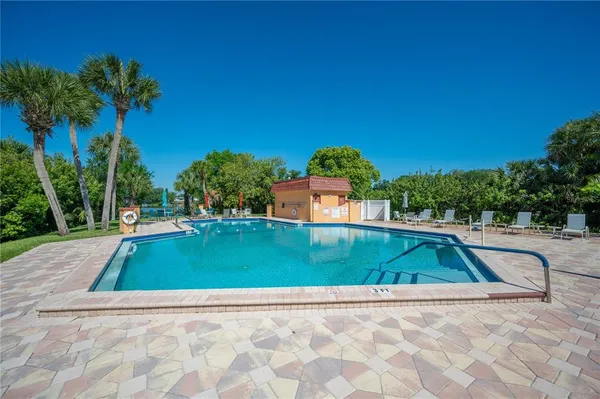 a view of a swimming pool with a yard