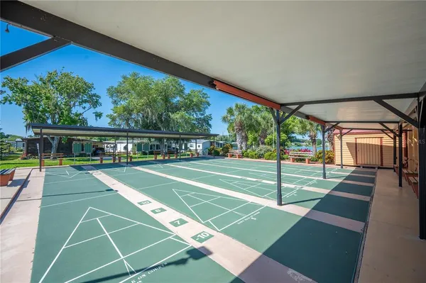 a view of a tennis ground with large trees