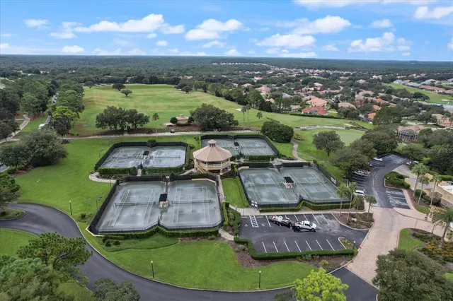 an aerial view of residential houses with outdoor space and river