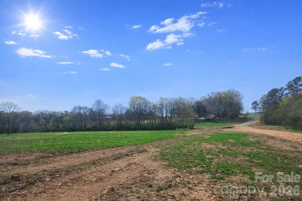 a view of a grassy field with trees in the background