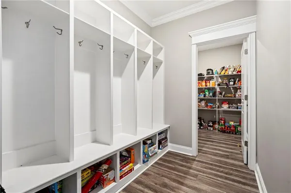 a hallway with cabinets
