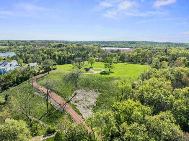 an aerial view of residential houses with outdoor space and trees