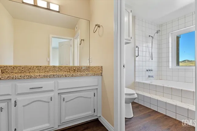 a bathroom with a granite countertop sink a toilet and shower