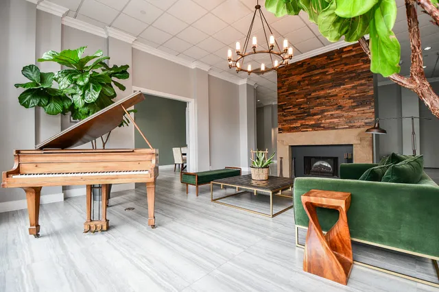 a living room with furniture a fireplace and a potted plant