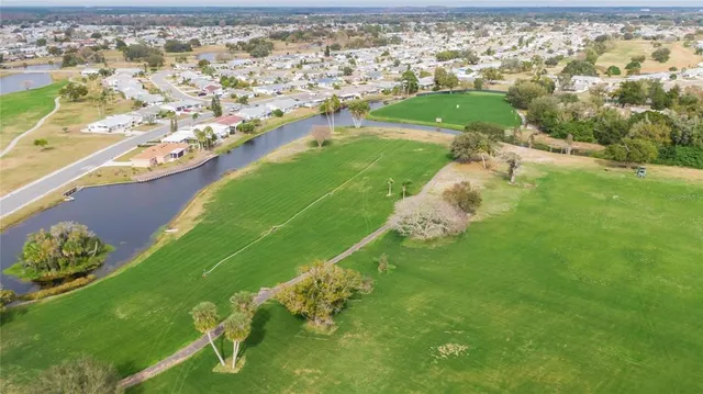 an aerial view of a pool