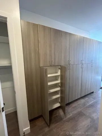 a view of a closet with wooden floor