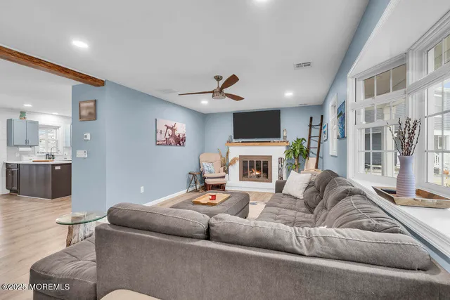 a living room with furniture and a ceiling fan