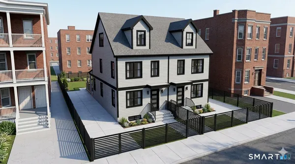 a view of a brick building with many windows