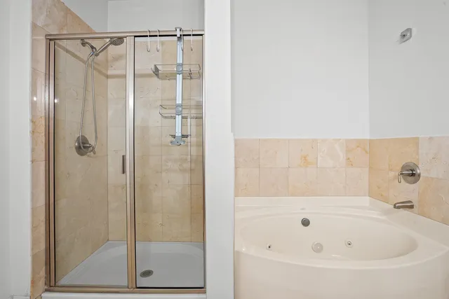 a bathroom with a bathtub and a shower