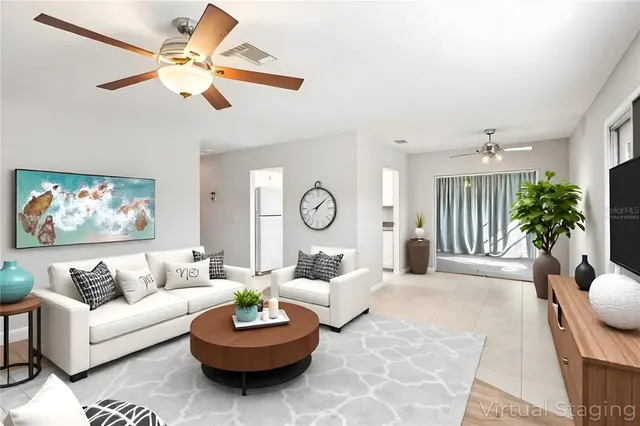 a view of a room with a large window