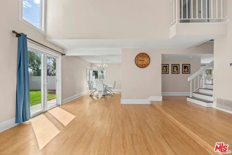 a view of a room with wooden floor and furniture