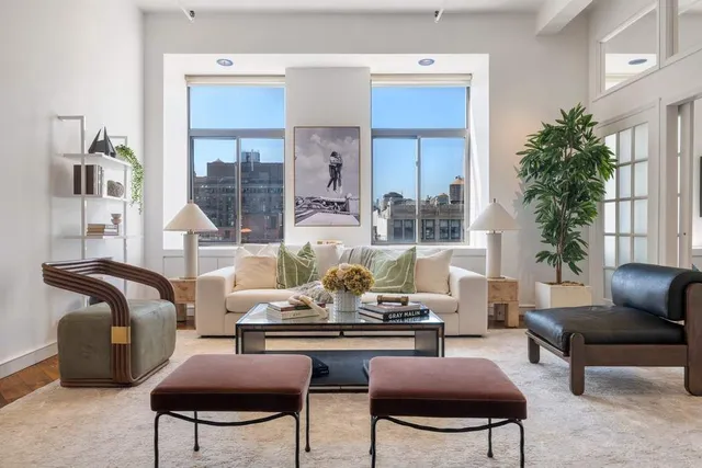 a living room with furniture and a potted plant