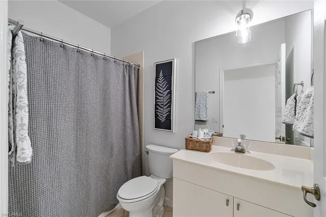 a bathroom with a sink a toilet a mirror and shower curtain