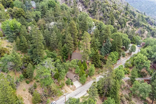 an aerial view of residential house with outdoor space and trees all around