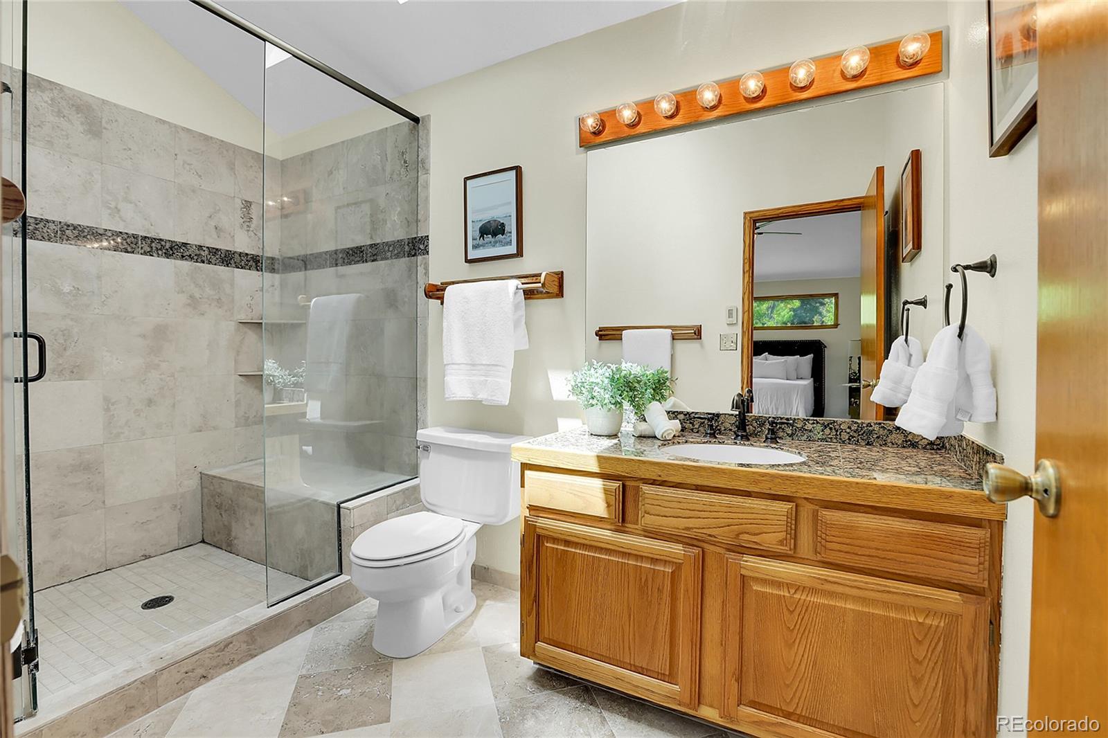 11333 Conifer Mountain Road Conifer, CO 80433 - Photo 28 of 50 a bathroom with a granite countertop sink a toilet and shower