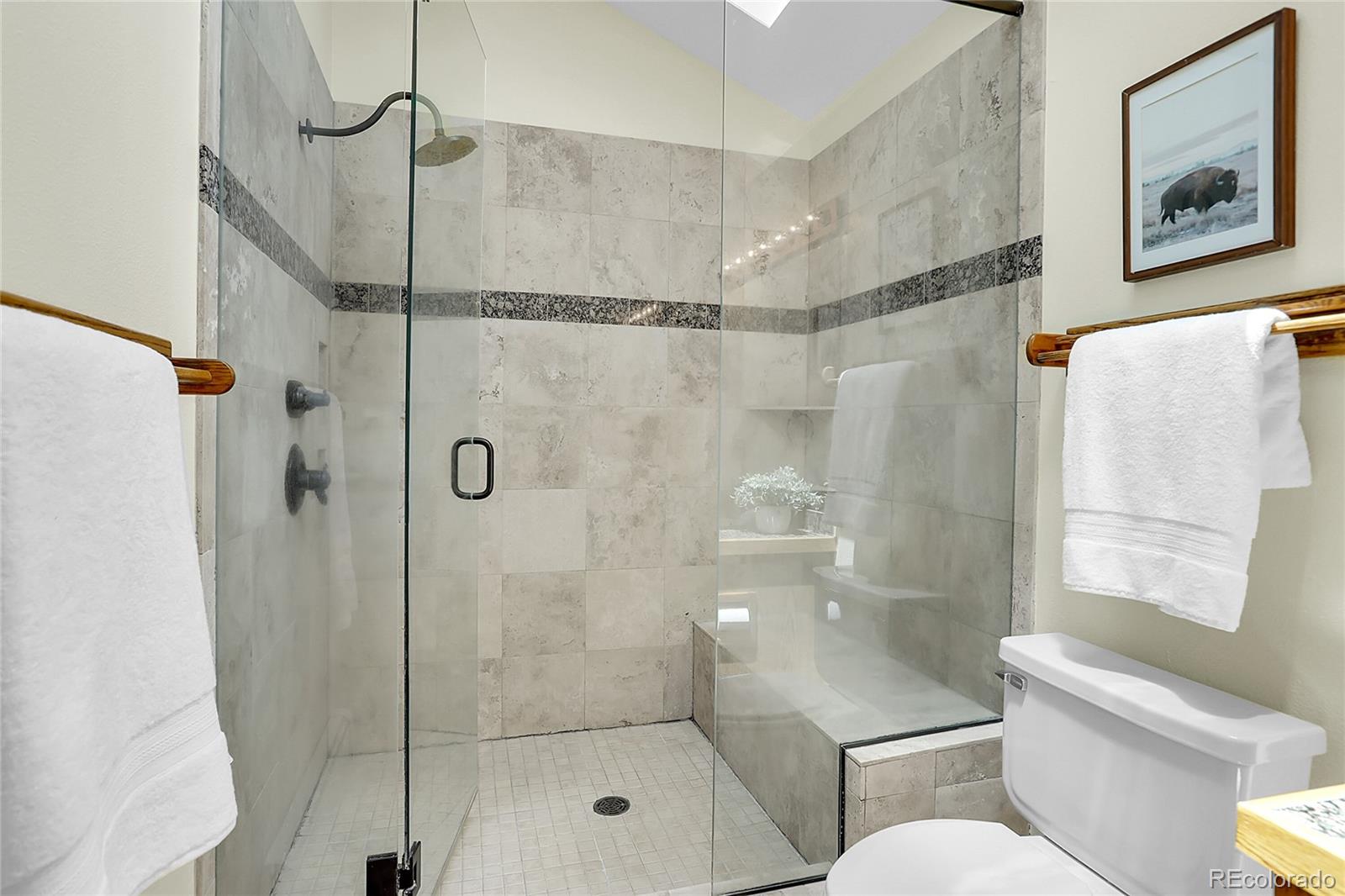 11333 Conifer Mountain Road Conifer, CO 80433 - Photo 29 of 50 a bathroom with a glass shower and a toilet