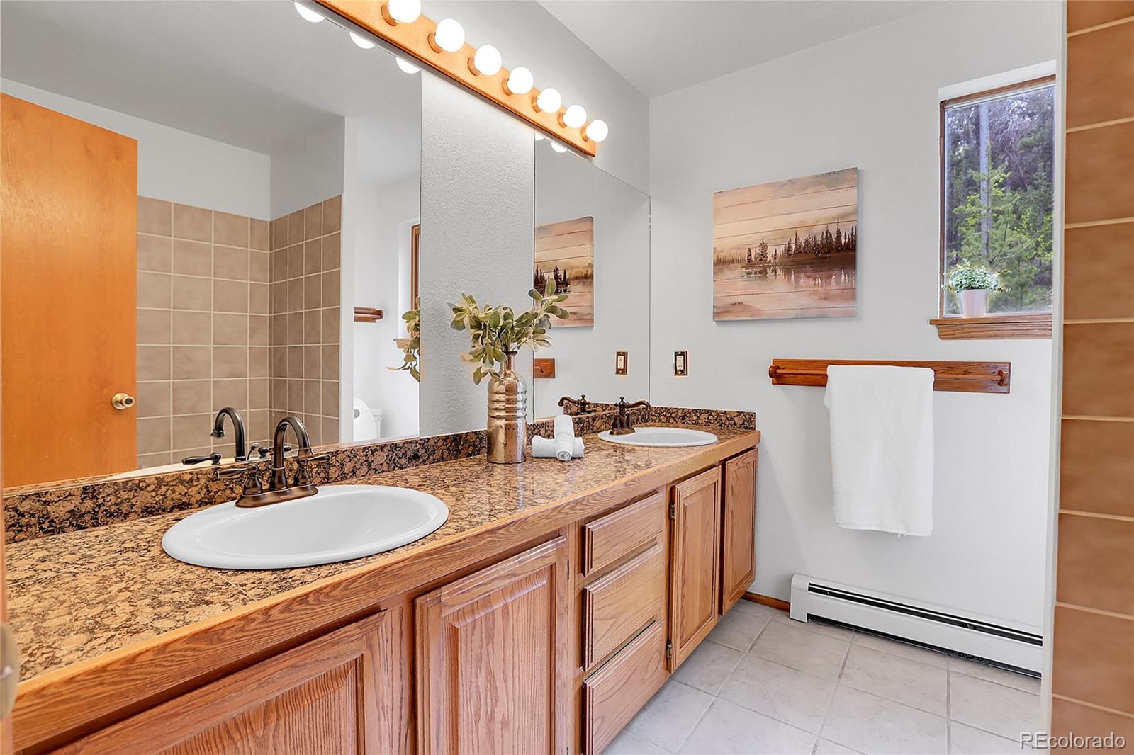 11333 Conifer Mountain Road Conifer, CO 80433 - Photo 36 of 50 a bathroom with a granite countertop sink and a mirror
