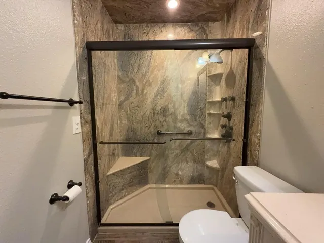 a bathroom with a shower and toilet