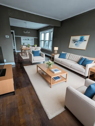 a living room with furniture and a table