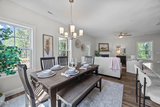 a living room with furniture two window and a fireplace