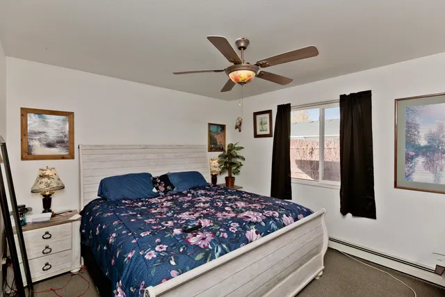 a bedroom with a large bed and a window