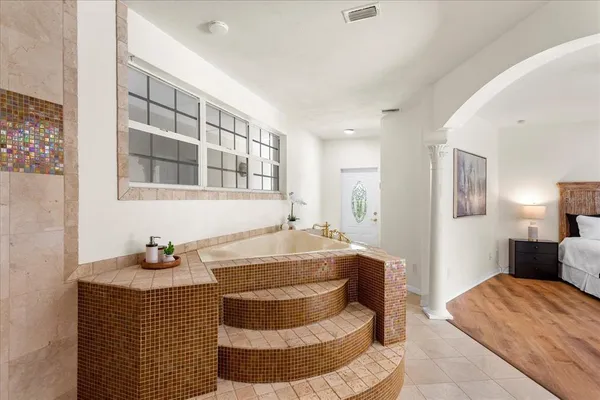 a living room with a couch and a table