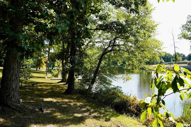 a lake view with a wooden bridge