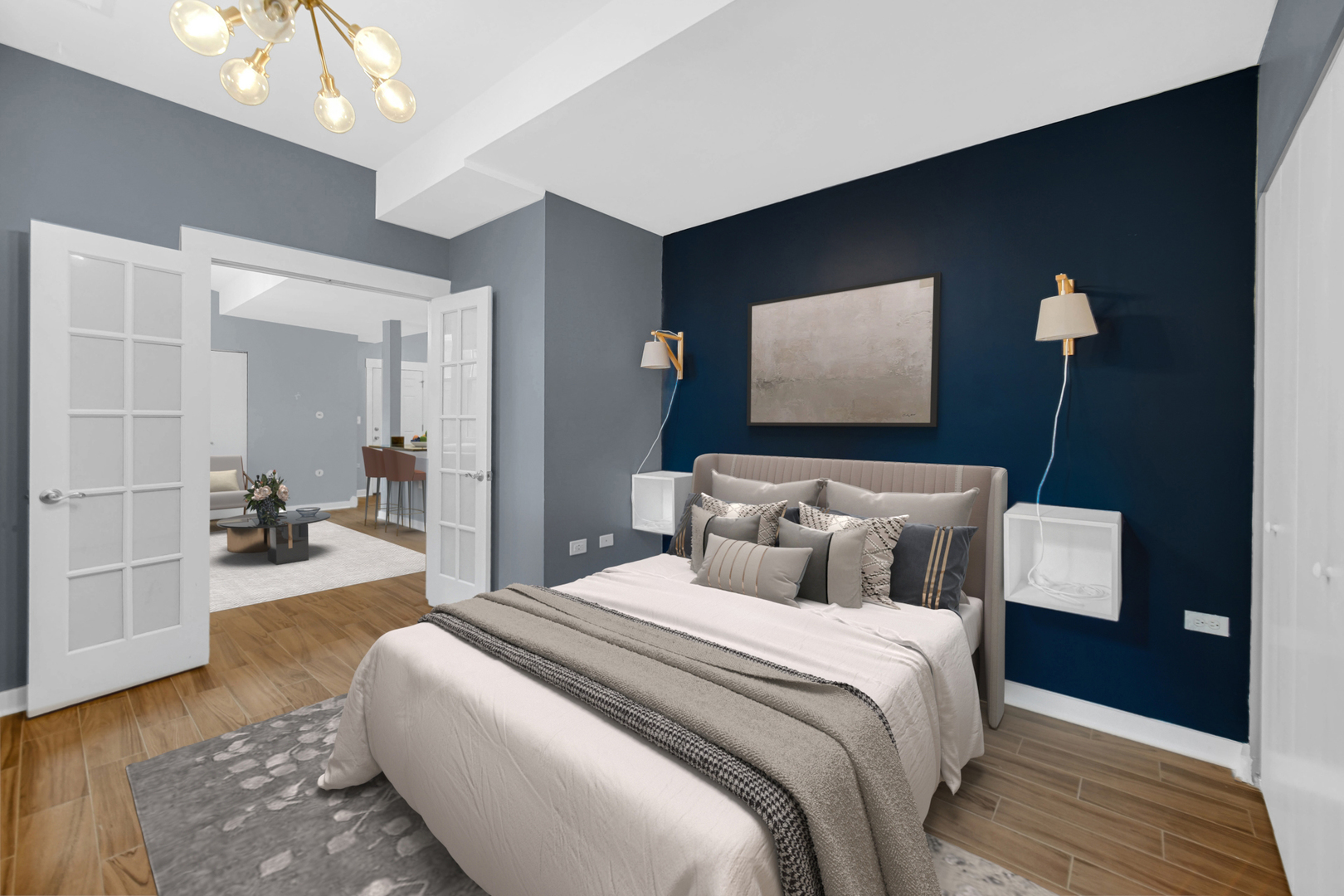 4343 North Sacramento Avenue, Unit AG Chicago, IL 60618 - Photo 17 of 27 a bedroom with bed and a chandelier