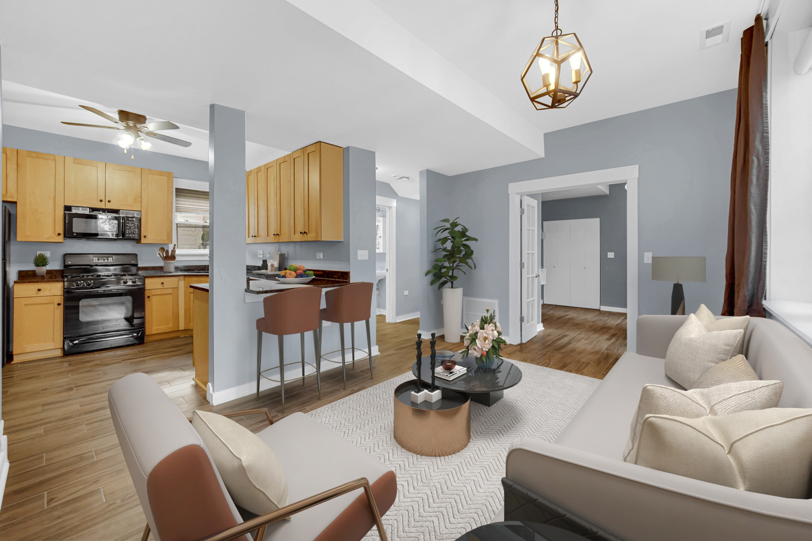 4343 North Sacramento Avenue, Unit AG Chicago, IL 60618 - Photo 8 of 27 a living room with furniture kitchen view and a wooden floor