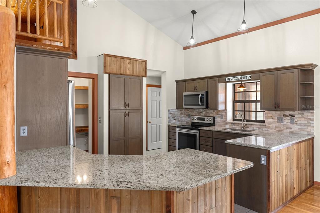 17620 North Poyner Road Polk City, FL 33868 - Photo 16 of 46 a kitchen with stainless steel appliances granite countertop a stove refrigerator and microwave