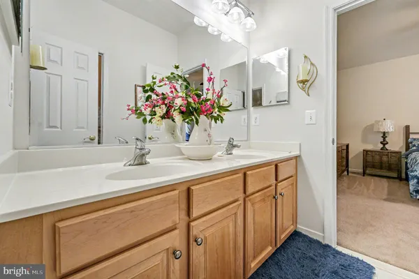 a bathroom with a sink double vanity and a mirror