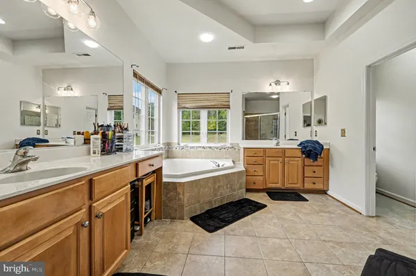 a large spacious bathroom with a double vanity sink a bathtub and a shower