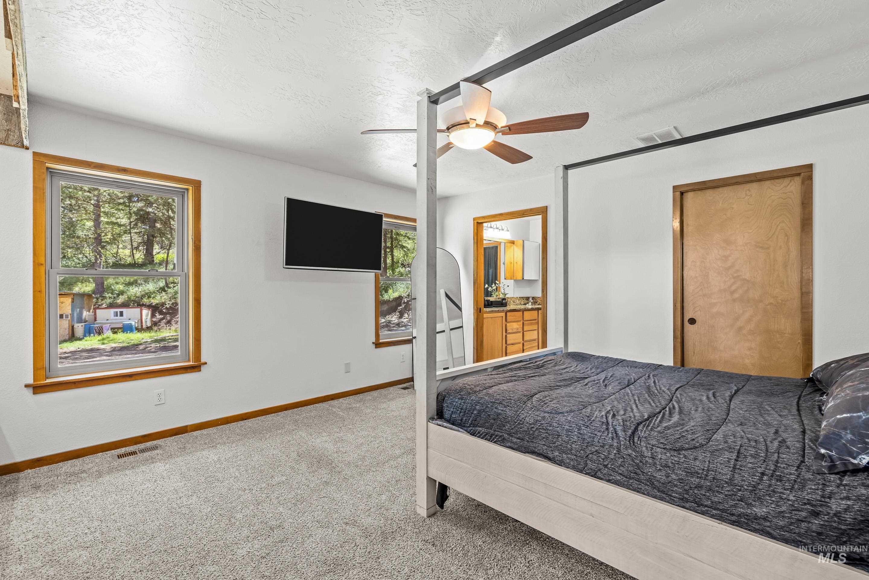 92 Cruickshank Road Horseshoe Bend, ID 83629 - Photo 21 of 50 Carpeted room featuring multiple windows with wood trim, a ceiling fan with integrated lighting, and a solid wood door