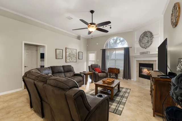 a living room with furniture a fireplace and a ceiling fan