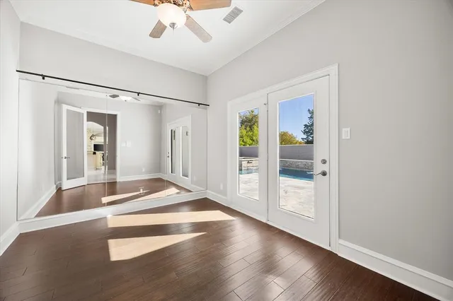 a workspace with a chandelier