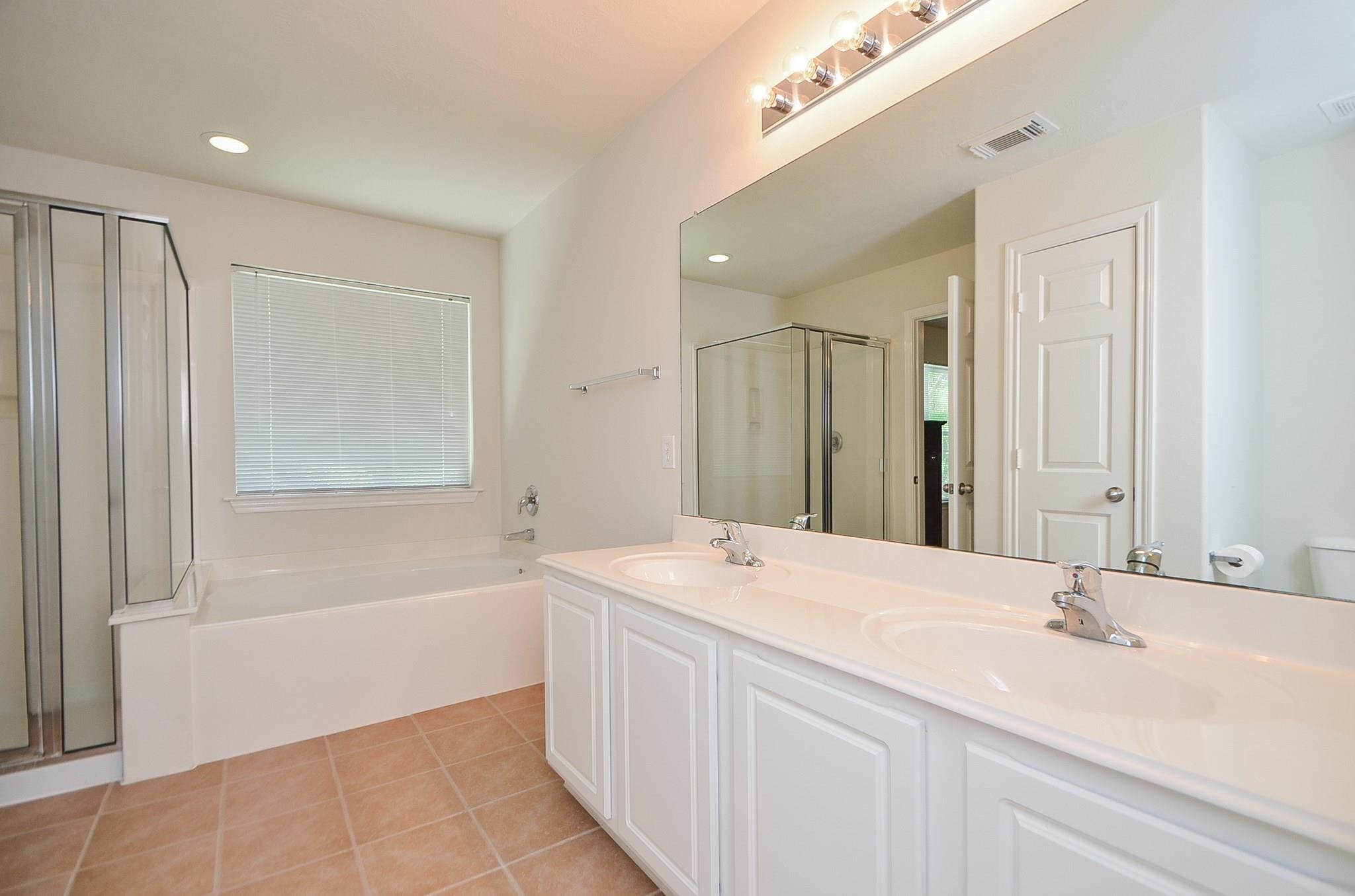 46 East Stedhill Loop Conroe, TX 77384 - Photo 18 of 32 a bathroom with a bathtub sink and mirror