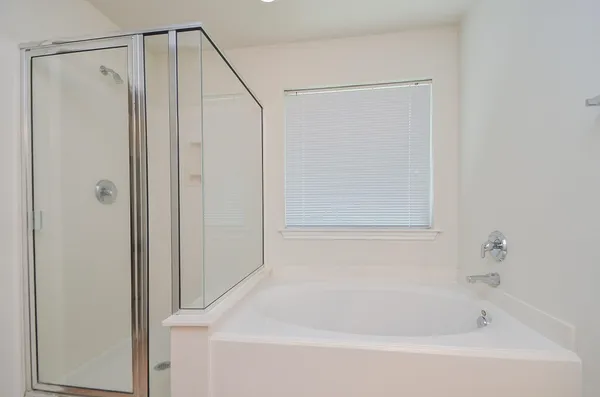 a bathroom with a shower and a bath tub