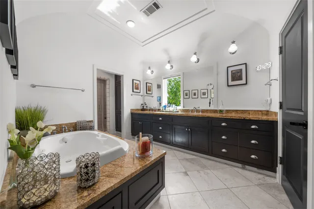 a living room with granite countertop furniture and a potted plant