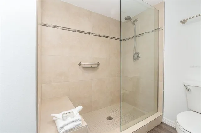 a bathroom with a shower and a toilet