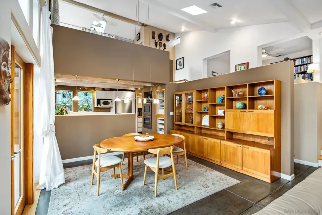 a view of a dining room with furniture