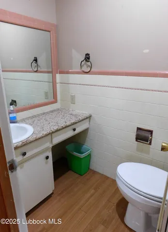 a bathroom with a granite countertop toilet sink and mirror