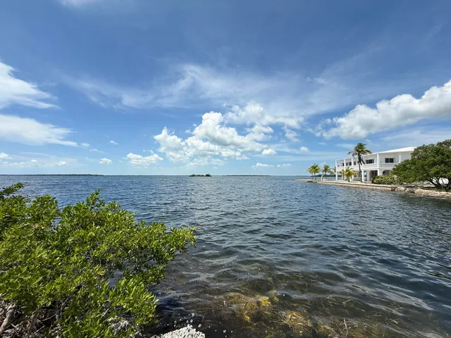 a view of a lake with beach in back